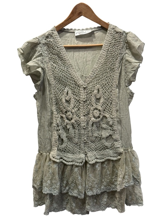 Pretty Angel Tops - Pretty Angel Linen Sage Green Crochet Lace Peplum Blouse XL Boho Fairycore Top